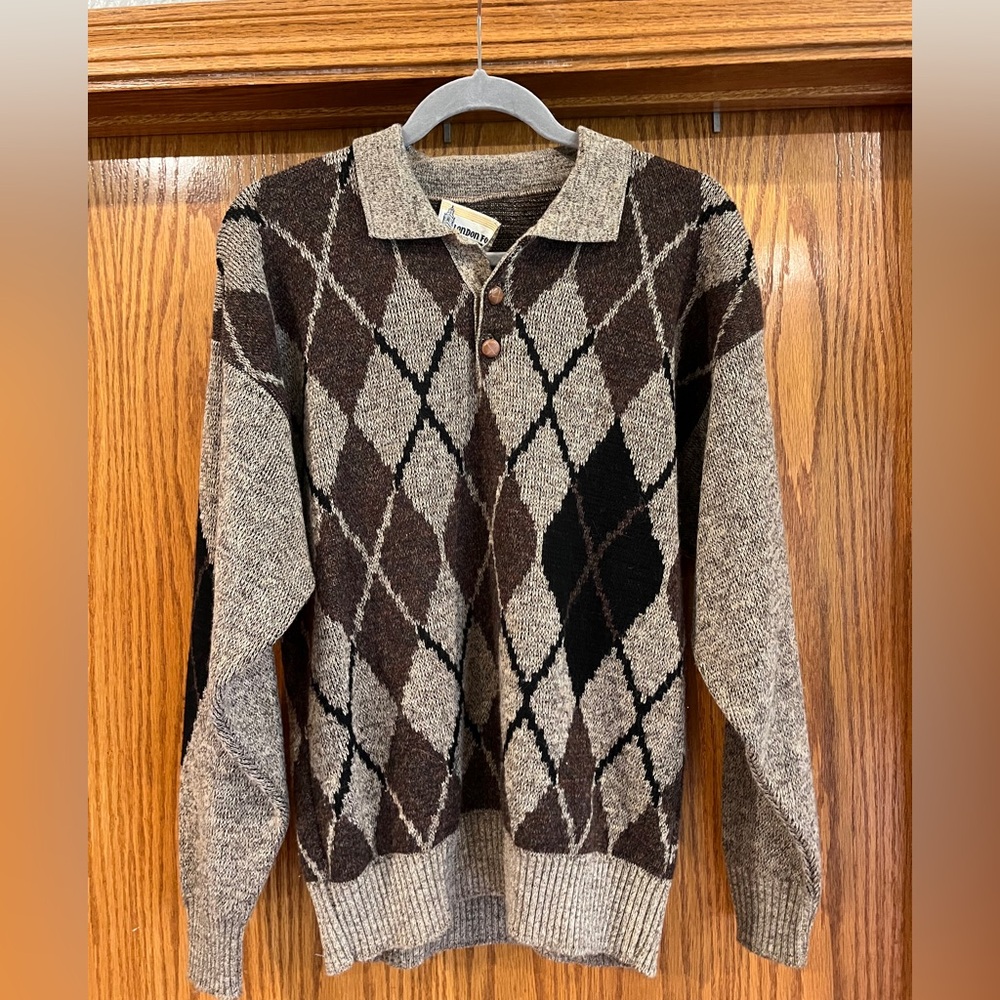 VINTAGE Men's LONDON FOG Argyle Sweater - Brown and Black